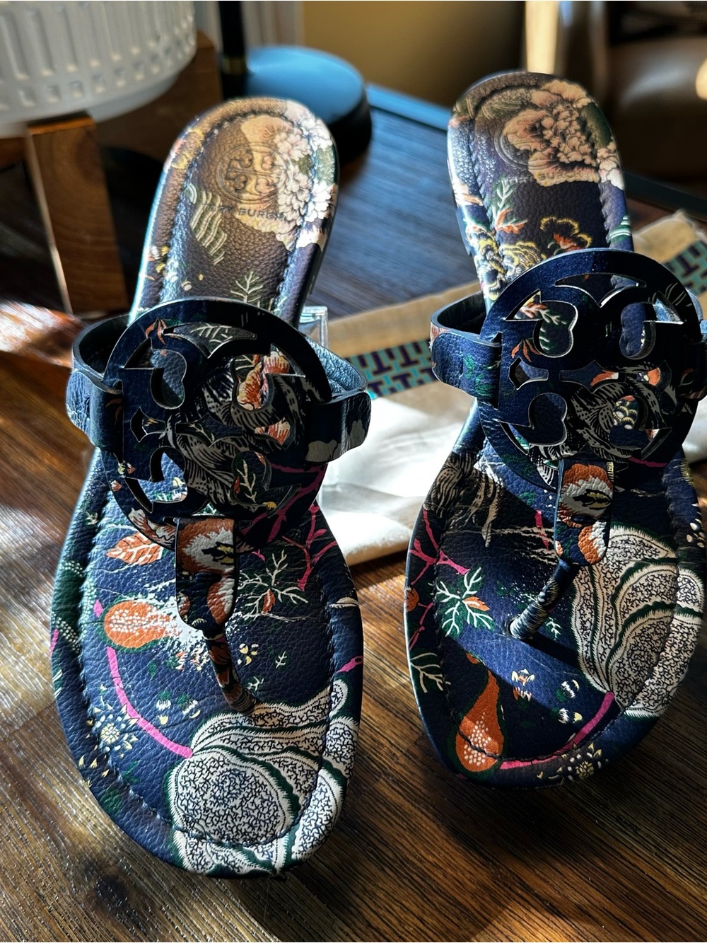 Tory Burch Navy Floral Logo Miller Thong Sandals